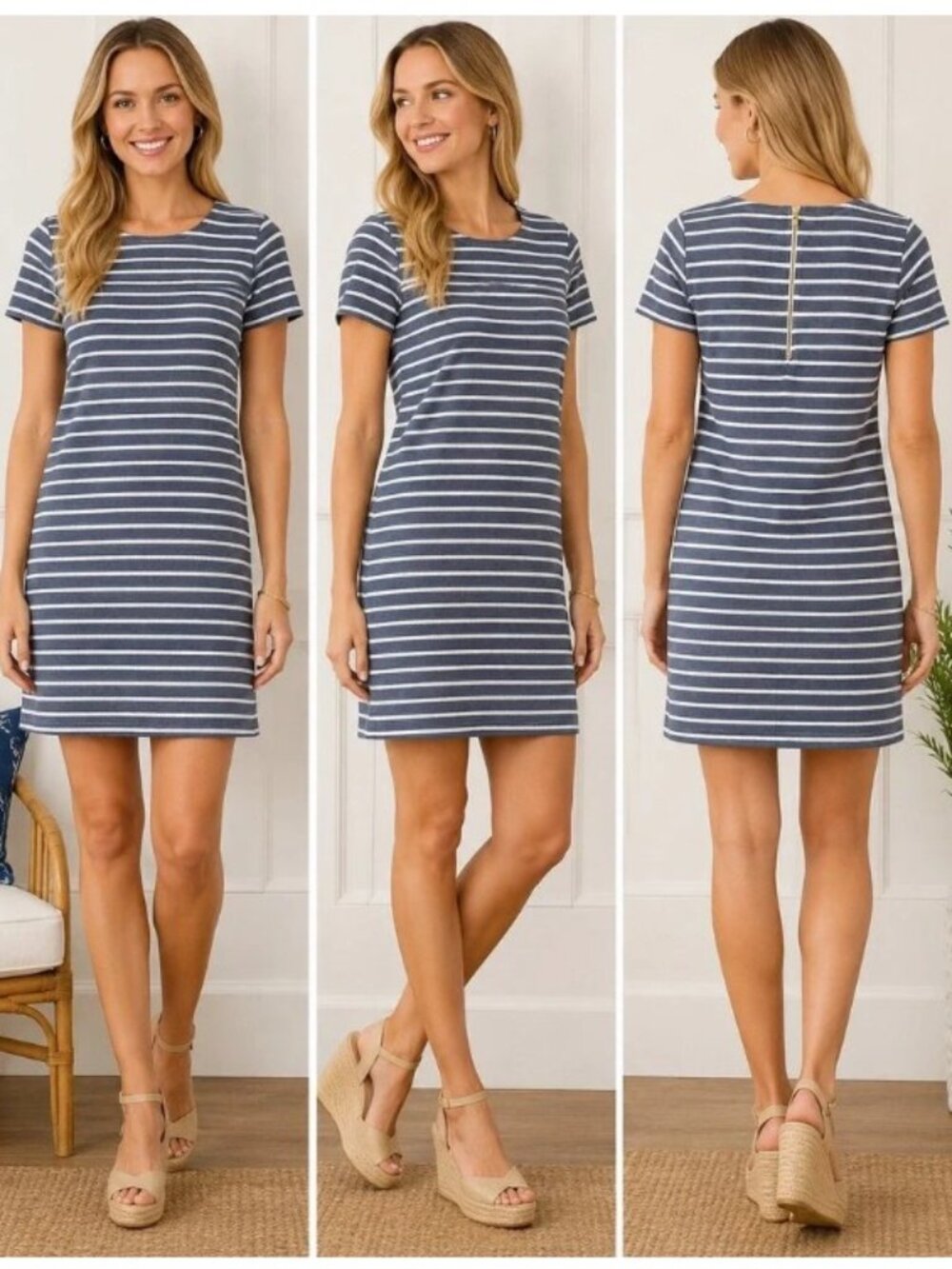 Sail to Sable Blue & White Striped Shift Dress | Size Large | Gold Zip Back